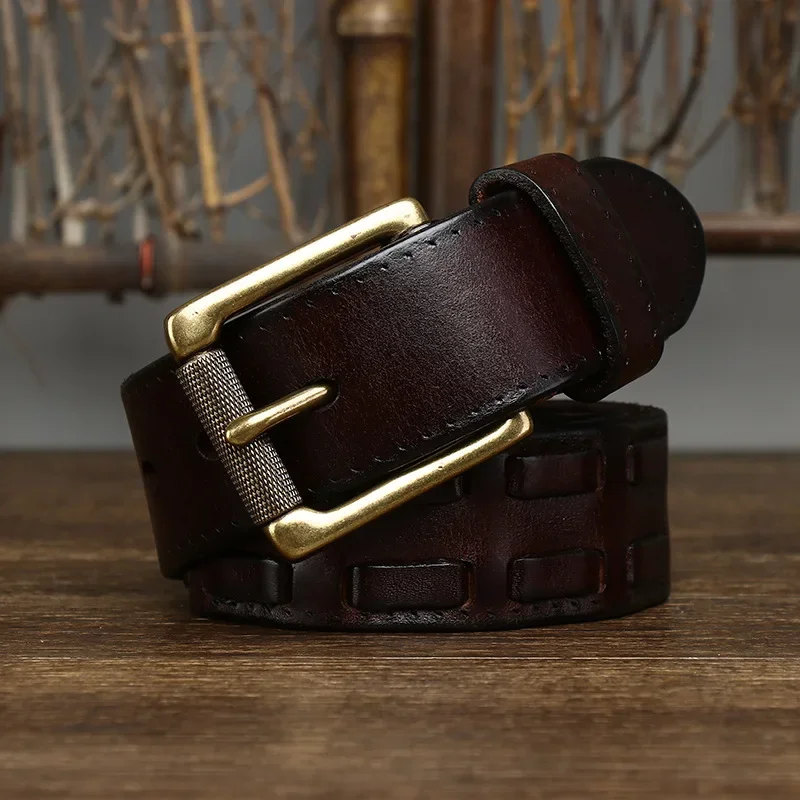 

3.8CM Wide Washed Retro Vintage Trend Woven Belt, Men's Genuine Leather, Pure Cowhide, Woven Copper Buckle Waist Belt