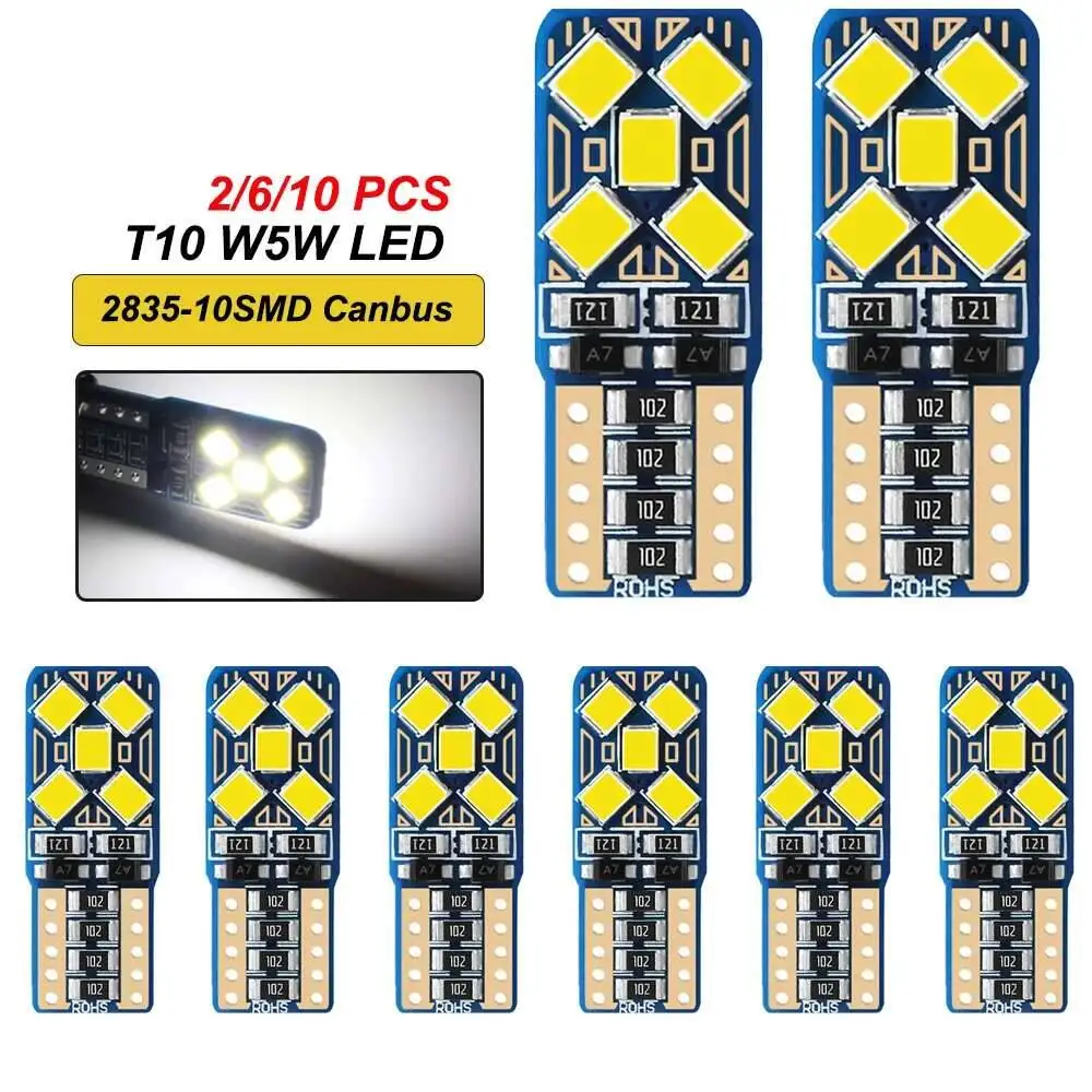 

2/6/10 PCS Super Bright T10 W5W LED Bulbs Canbus 12V 10SMD 7000K White Car Interior Dome Trunk License Plate Wedge Side Lights