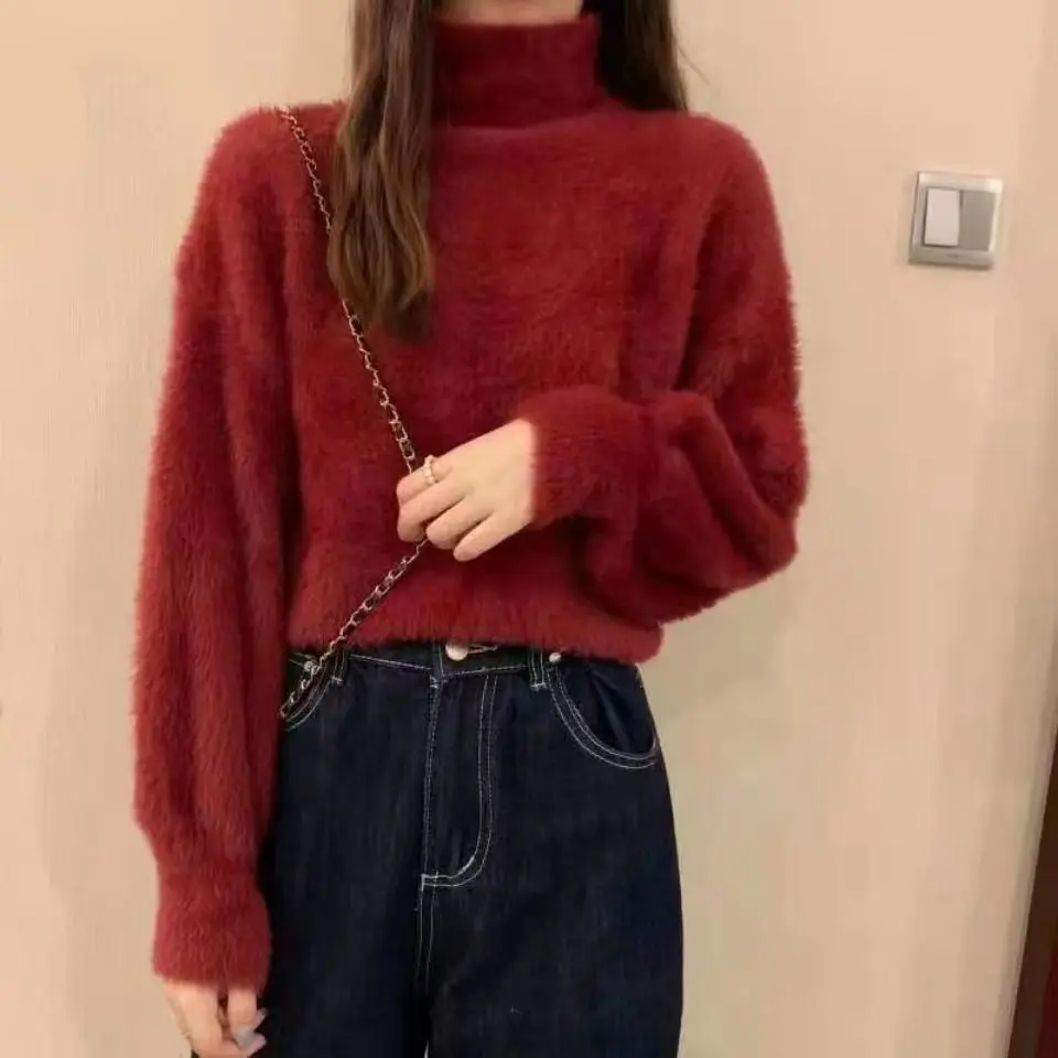

2025 Winter Imitate Mink Wool Hot Fleecing Female Turtleneck Elastic Casual Sweater Women Knitted Tops Pullovers Soft Warm
