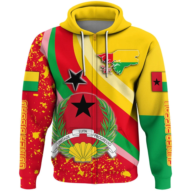 

Africa Guinea-Bissau Map Flag 3D Print Zip Up Hoodie For Men Patriotic Tracksuit National Emblem Graphic Sweatshirts Male Tops