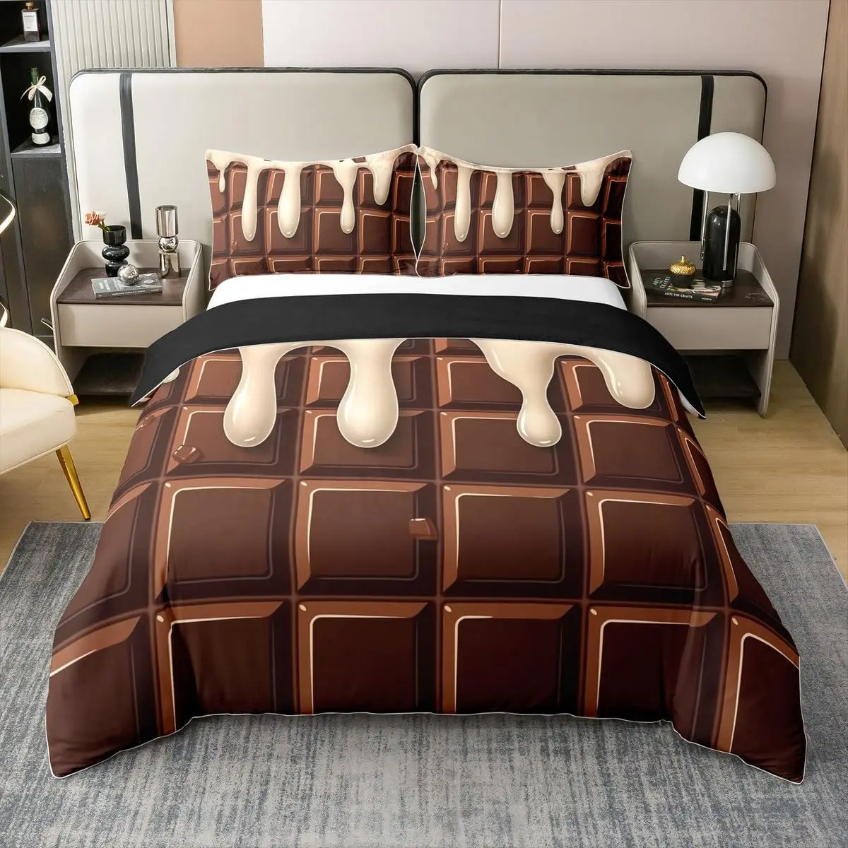 Sweet Chocolate Duvet Cover Queen Size,Delicious Desserts Food Brown Bedding Set Geometric Comforter Cover Romantic Quilt Cover