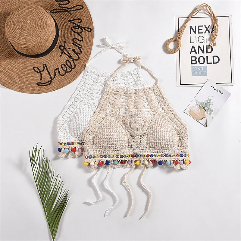 Bohemian Ethnic Style Sexy Knit Backless Short Crop Top For Women Lightweight Hollow Out Crochet Tassels Hem Halter Bras Bustier