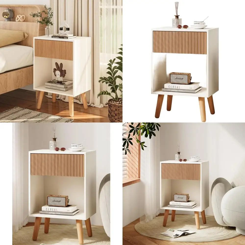 

Fluted Nightstand, Modern Bedside Table with Storage Drawers and Open Wood Shelf, Night Stand with Solid Wood Legs, End Tables S