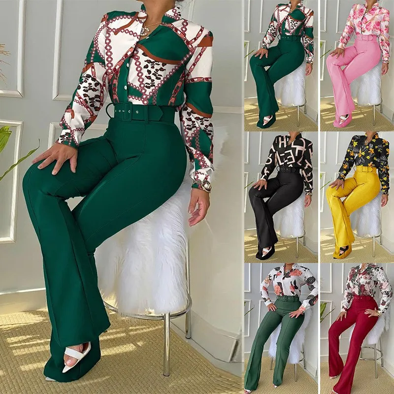 HGTE Spring Autumn Trend Casual Leaf Print Buttoned Shirt & High Waist Pants Sut Two Pieces Set Women Tracksuit Office Clothes