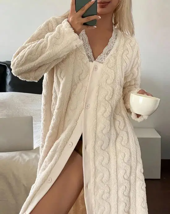 

Womens Dresses 2025 Spring New Solid Color Contrast Lace V Neck Night Dress Casual Long Sleeve Weaving Knit Coral Sleepwear