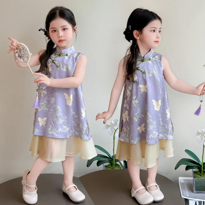 

2026New Style Girls' Butterfly Chinese Style Dress Children's Little Girl New Chinese Style Princess Dress Summer Outfit