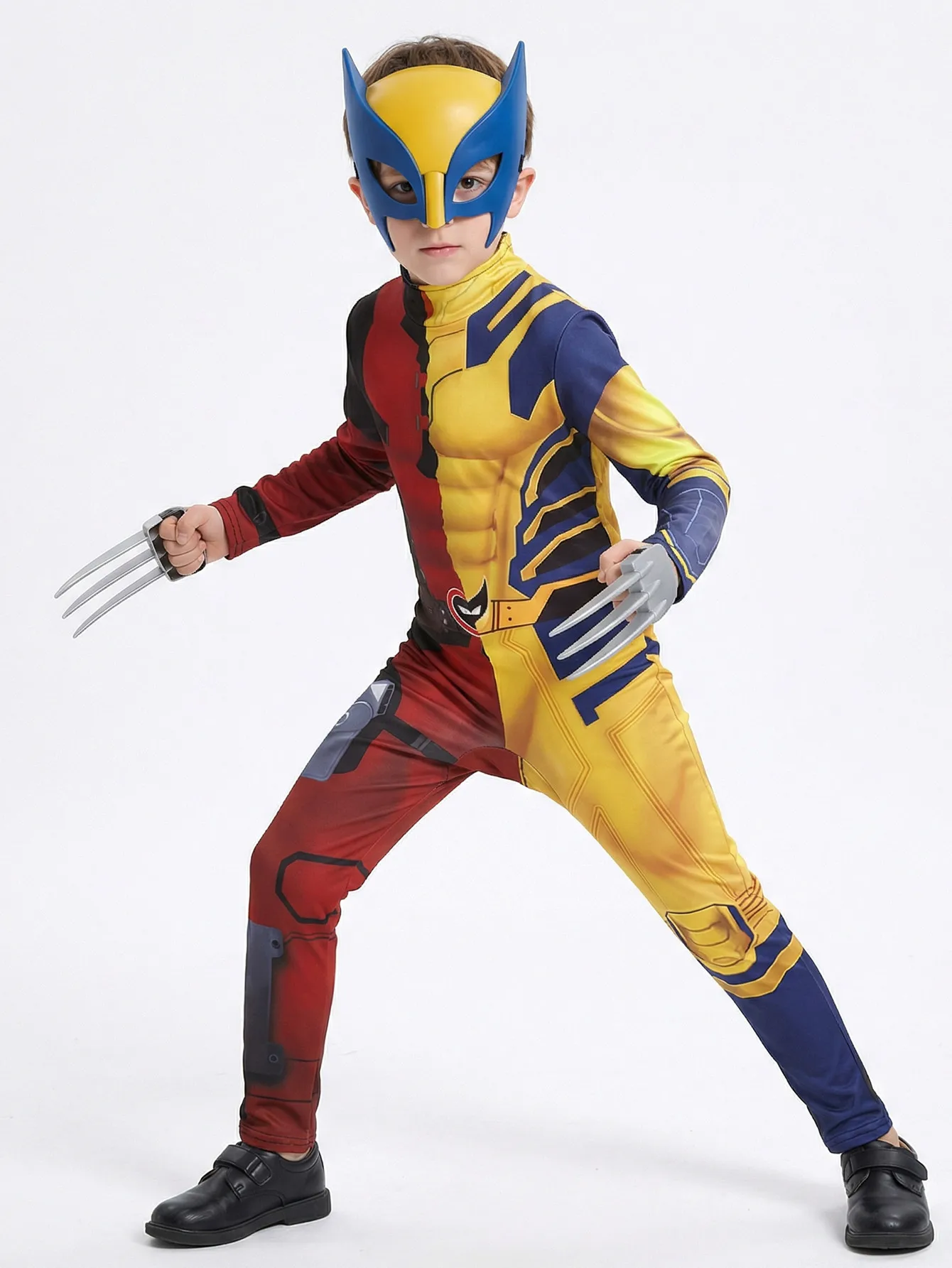 Kostium Wolverine dla dzieci, z nadrukiem superbohaterów z filmów fantasy, z zamkiem błyskawicznym, strój cosplay, kombinezon, maska na Halloween, kostium na występy, imprezę, pazury. — zdjęcie 2