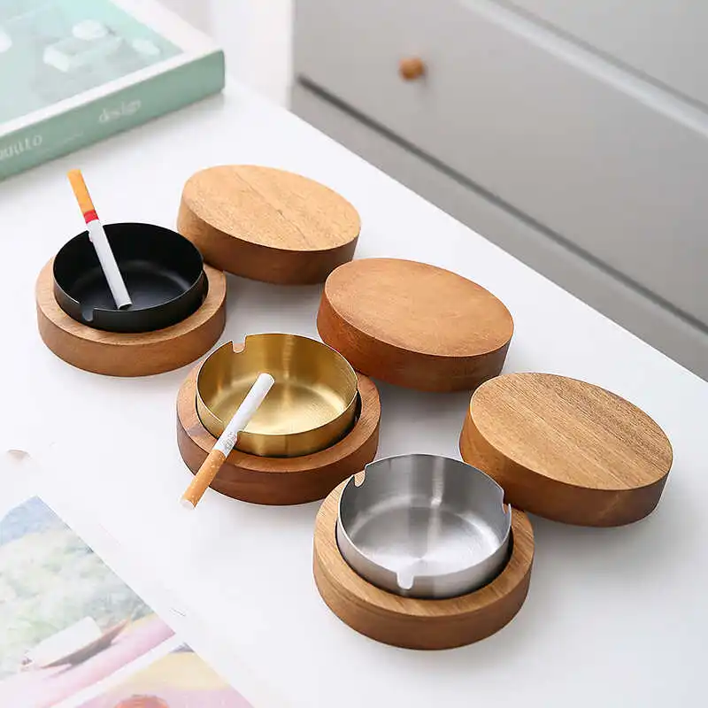 

Creative Wooden Ashtray with Lid Stainless Steel Indoor Outdoor Patio Home Office Porch Decors Smoking Accessories Gifts