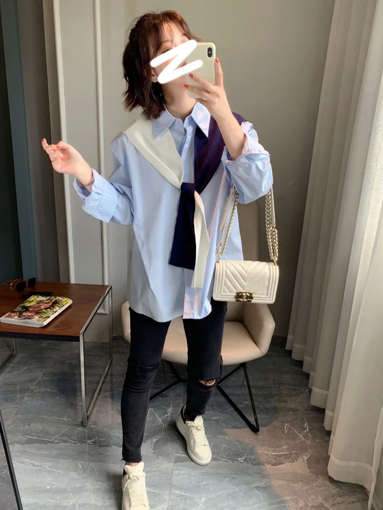 

THOEY CHEN Casual Loose Long Sleeve Women's Shirt Spring Autumn Two-Piece Set Blue Comfortable Breathable Cotton Collar