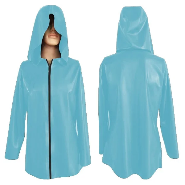 

Latex Jacket Rubber Unisex Hoodie Light Blue Coat Long Sleeve Windbreaker Size XS-XXL