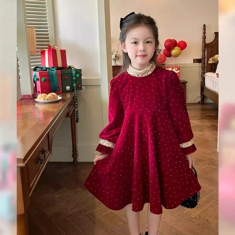 

Girls' Sparkling Velvet Dress Autumn/Winter New Children's Baby Korean Edition Birthday Dress