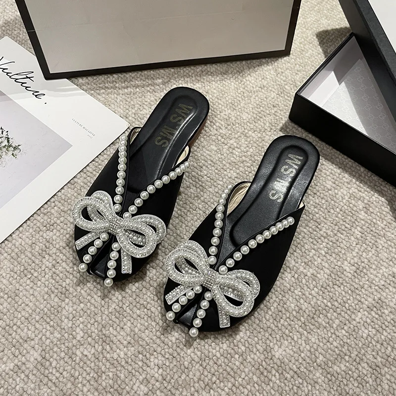 

Women Slippers Summer Baotou Half Slippers Fashion Butterfly-knot Pearl Design Slippers for Women Non Slip Flat Slipper Chanclas