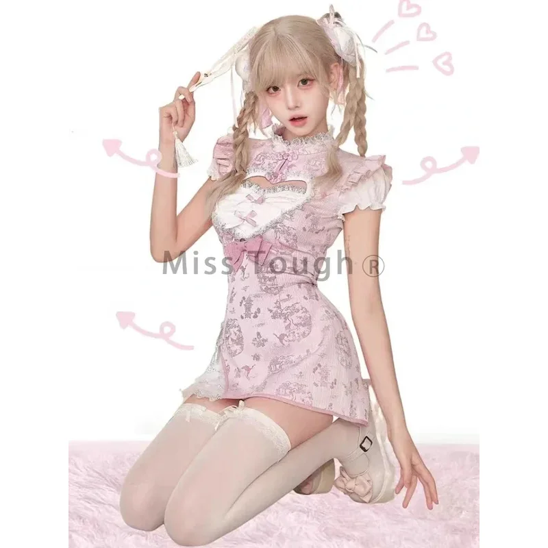 Vestido de manga corta con estampado dulce a la moda para mujer, vestidos de encaje con bonito lazo Vintage para mujer, vestido elegante de verano con volantes y retazos, nuevo