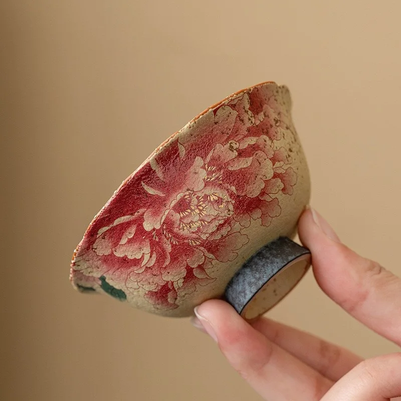 

Chinese Style Peony Blue and White Flint, Black Tea Cup Ceramic Host Cup Personal High-end Retro Rough Pottery Cultural Cup Gift