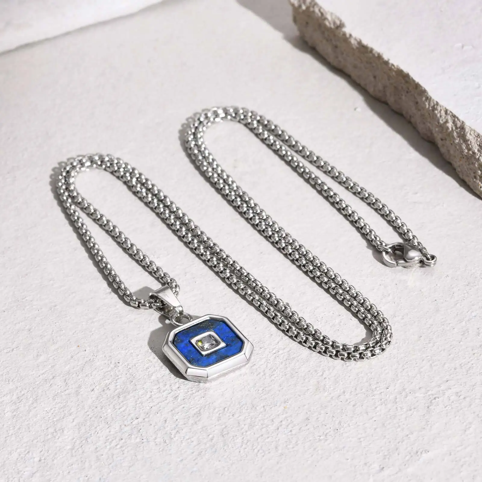 Square Natural Stone Pendant Necklace For Both Men And Women, Unisex Stainless Steel Necklace