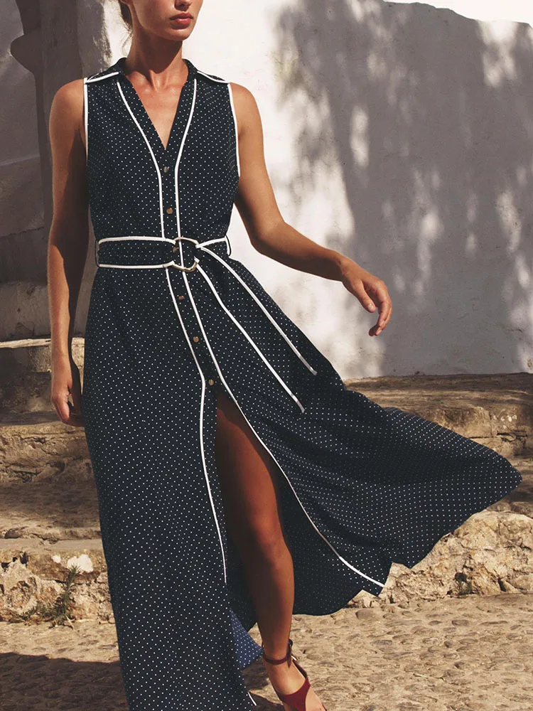 Faionable Summer New Arrival Gonna longuette Dr Polka Dot V-Ne Svel da donna Ele Color Blo Chinoiserie Sle