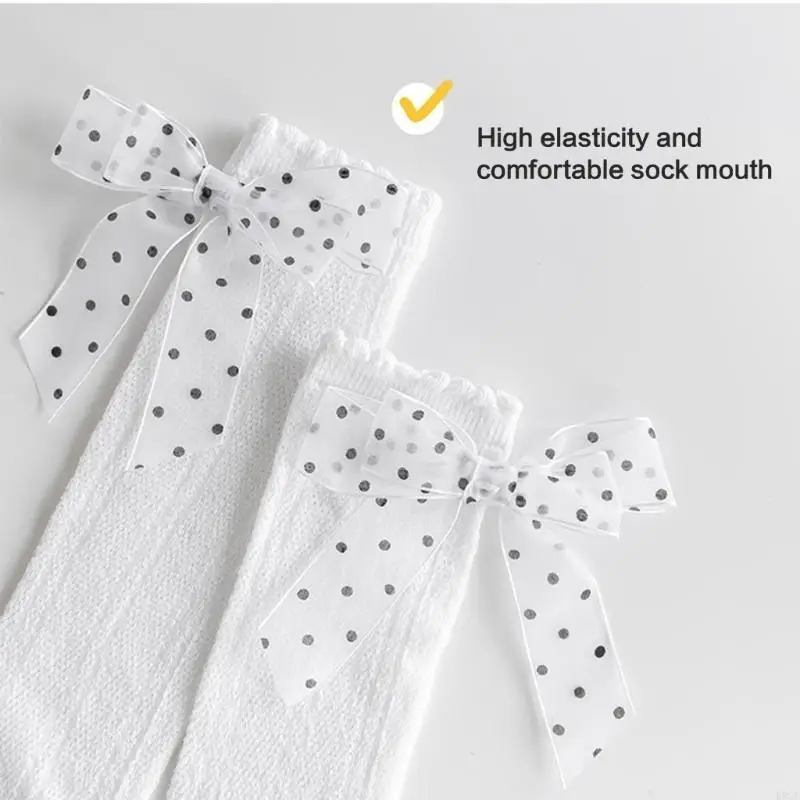 K8GF جوارب أطفال دانتيل مكشكشة بفيونكة ديكور للأطفال جوارب قطنية بطول الركبة #5