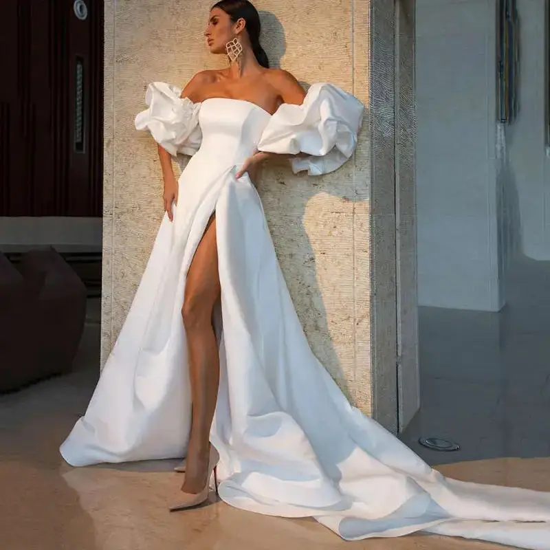 Vestidos de novia sexis de satén personalizados, vestido de novia con abertura lateral y manga abombada, vestidos de boda sin tirantes de corte A, vestidos de boda de alta costura para mujer