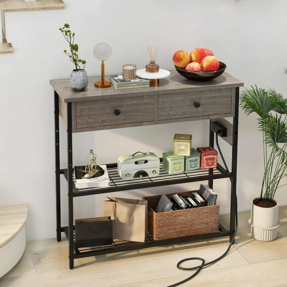 

3-Tier Console Table with Outlets & USB Ports, 2 Drawers, Narrow Sofa Table for Living Room, Hallway, Gray