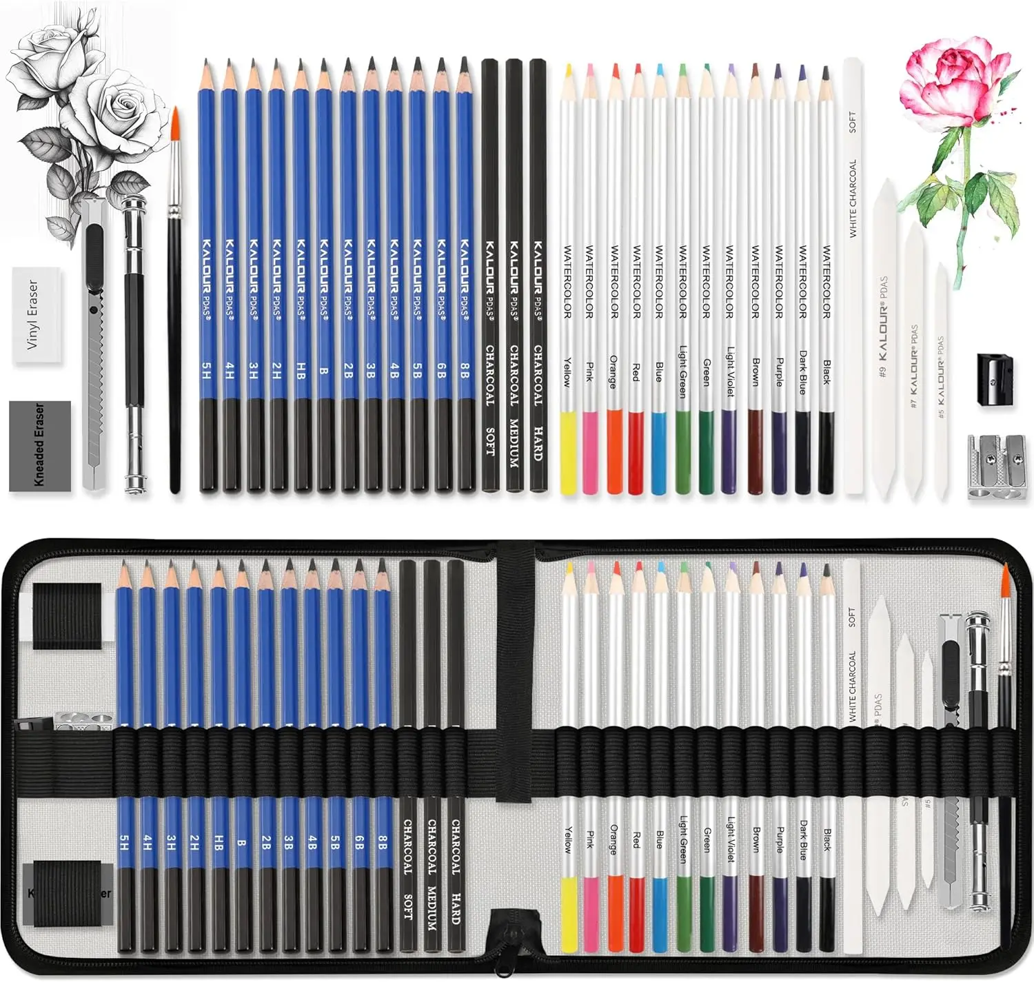 

Sketching Coloring Art Set - 38 Pieces Drawing Kit with Sketch Pencils,Watercolor Pencils,Charcoal,Brush,Eraser -Portable Zipper