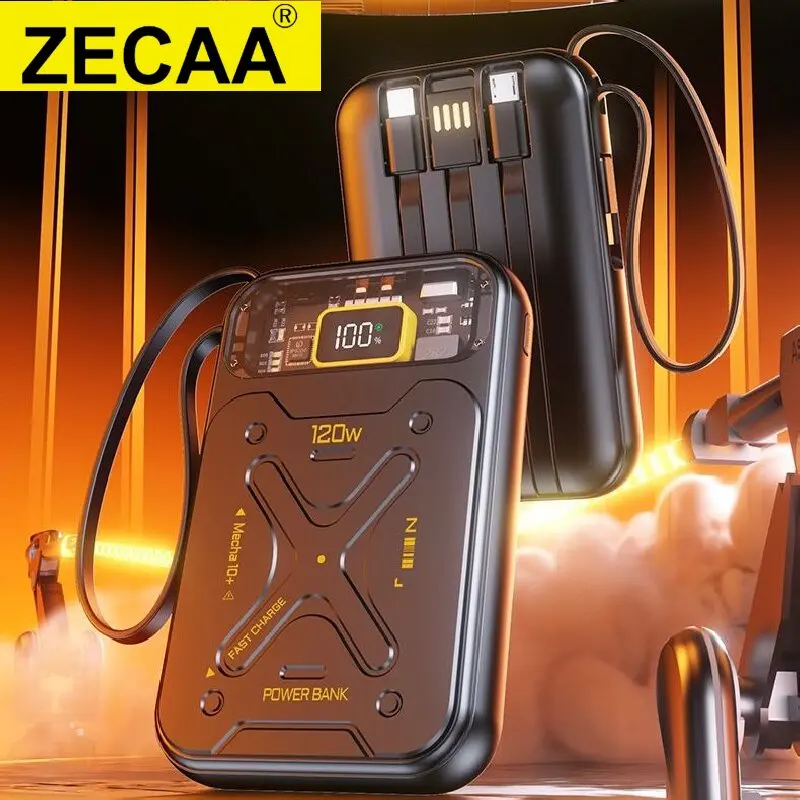 ZECAA GaN Быстрая зарядка 120 Вт PD20W Mecha Digital Power Bank Зарядное устройство 20000 мАч со встроенным зарядным кабелем и цифровым ЖК-экраном