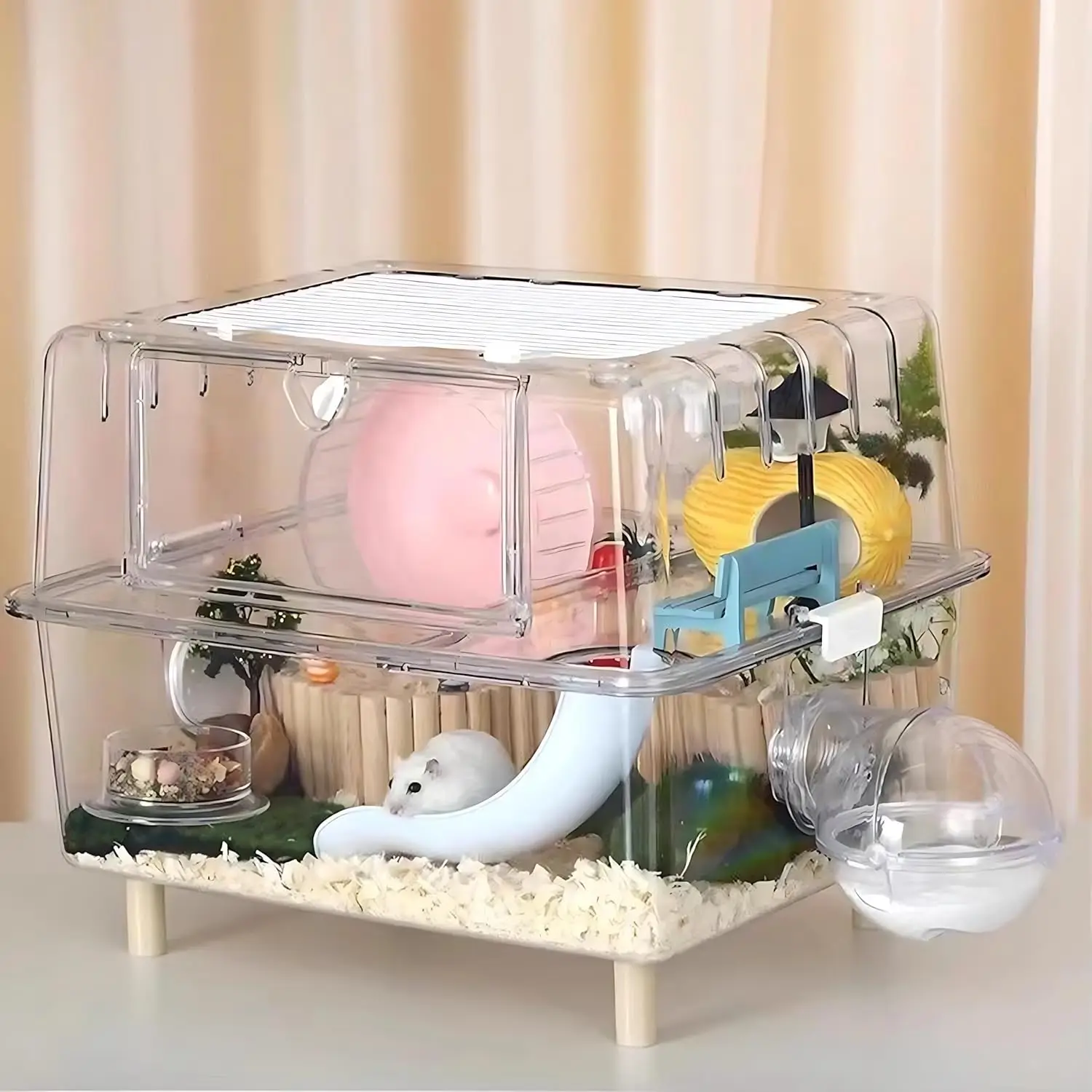 

2-Story Clear Acrylic Hamster Cage with Slide, Transparent View Small Animal Enclosure (17x14x12 inches)