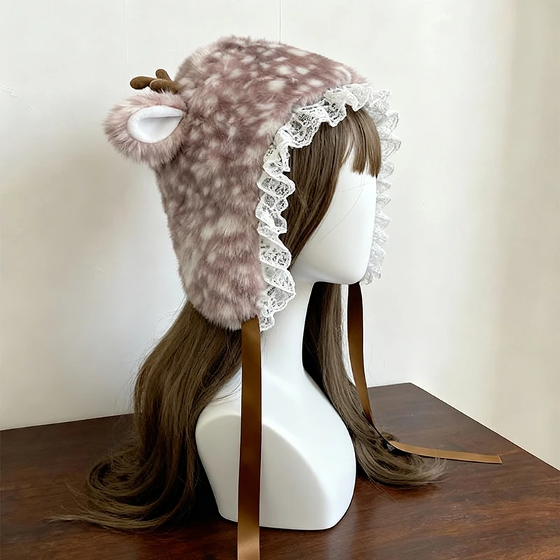 Mori Japanese Girls Dress Up Plush Cute Lace Gray Elk Hat Winter Warm Ear Protection Cap Party Christmas Gift Lolita Leg Warmers