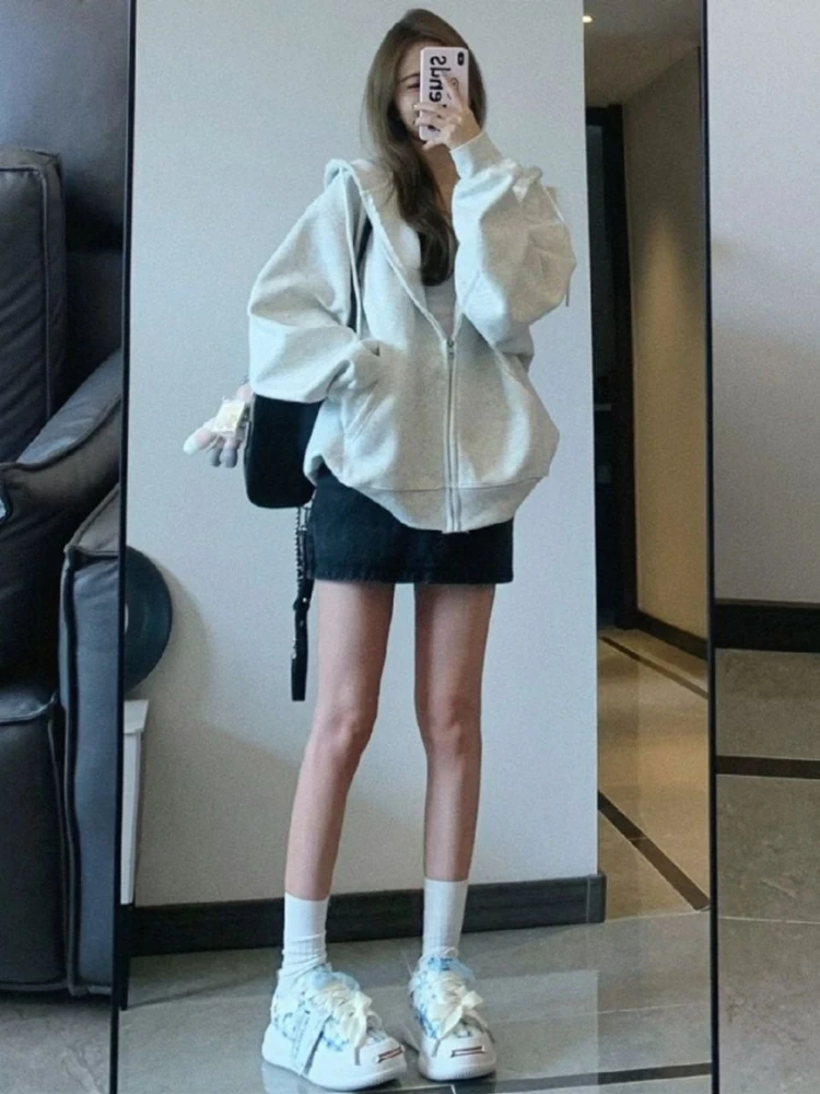 Trendy US Vintage Grey White Oversize Hoodie Women Spring Fall Thin Loose Lazy Style Zipper Jacket Outerwear