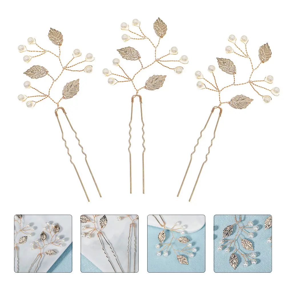 

3Pcs Pearl Hair Sticks Leaf Motif U-Shaped Hair Clasp for Women Wedding Bridal Daily Wear Retro Hairpin Fashionable Headdress