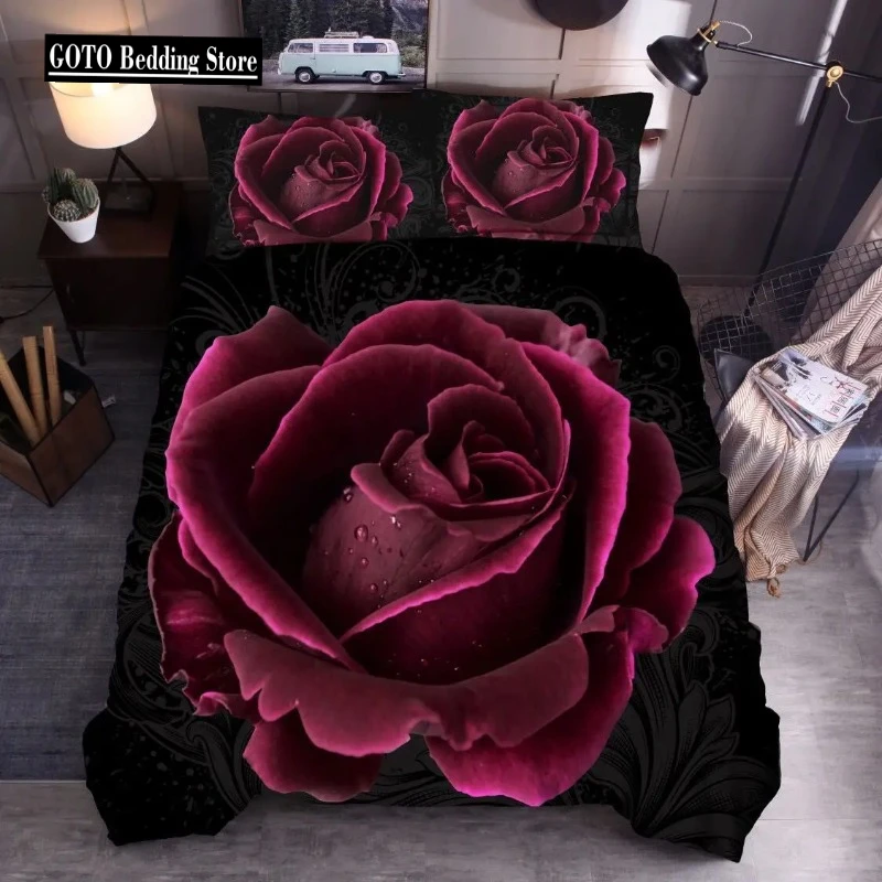 New 3D Rose Marry Wedding Bed Clothes Bedding Set Print Purple, Red, Blue Flower Home Textile Bed Sets for Double High Quality