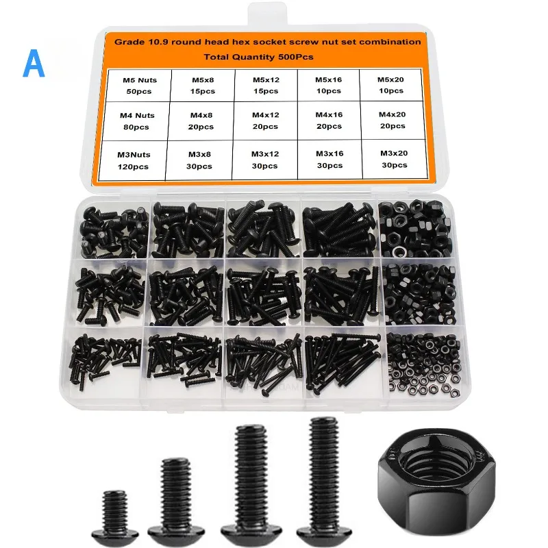 

BIESUO 500pcs High Strength Hex Socket Screw Set Cup Head Round Cup Flat Cup with Nut Set M3 M4 M5 Variety