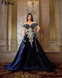 Gorgeous Velvet 2 in 1 Handmade Beaded Navy Blue Prom Gown Off Shoulder Mermaid Dubai Fashion Formal Evening Dresses Custom Made