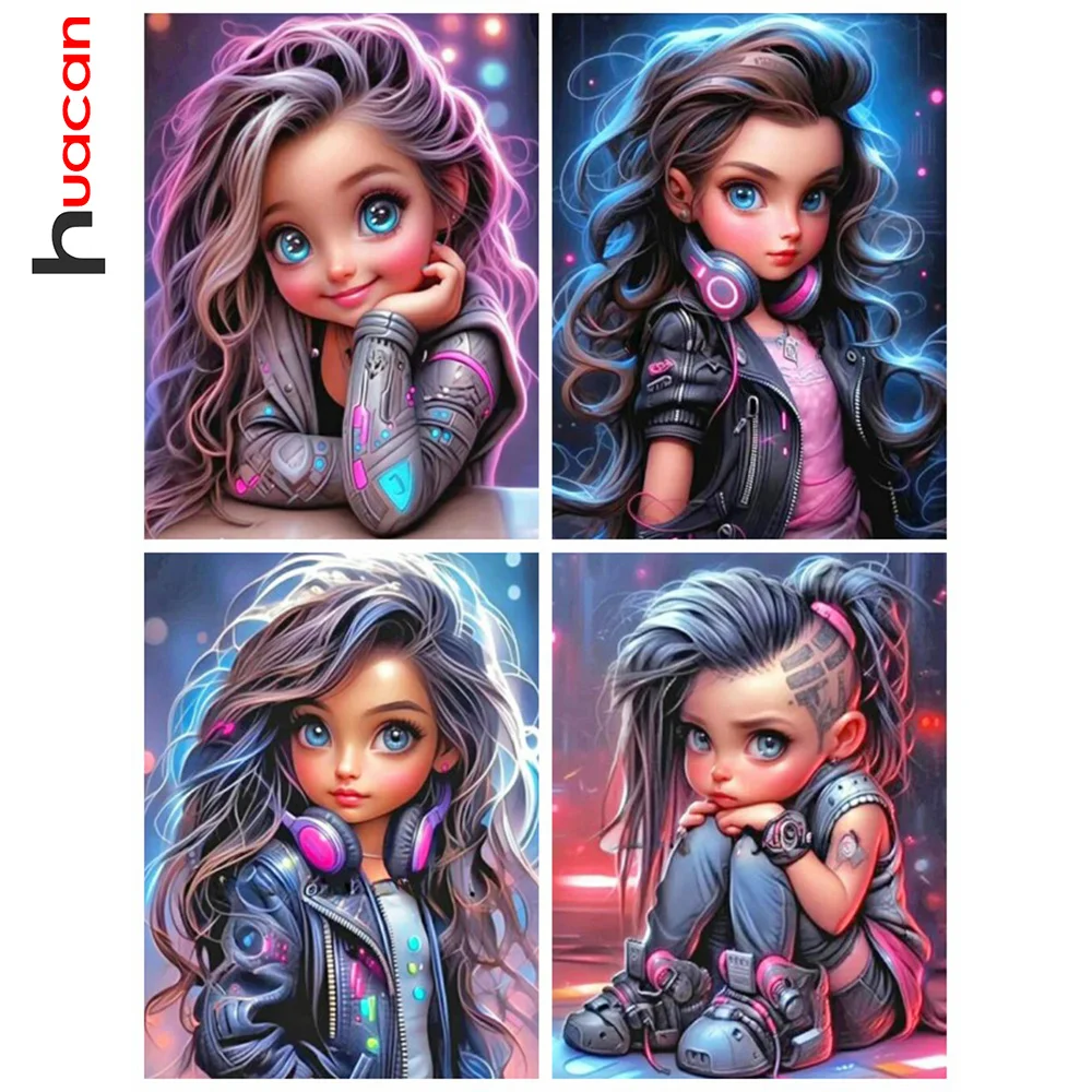Huacan Diamond Painting Portrait Cool Girl New Collection Diy Drill Mosaic Cartoon Complete Kit Art Wall Decor For Home
