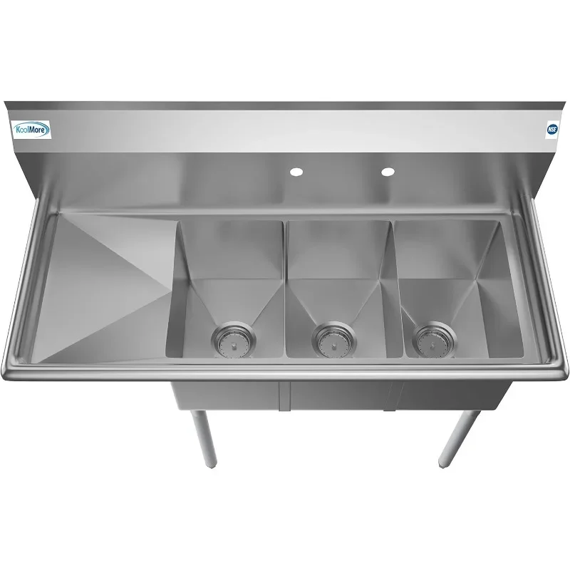 KoolMore - SC101410-12L3 3 Compartment Stainless Steel NSF Commercial Kitchen Sink with 1 Drainboard - Bowl Size 10