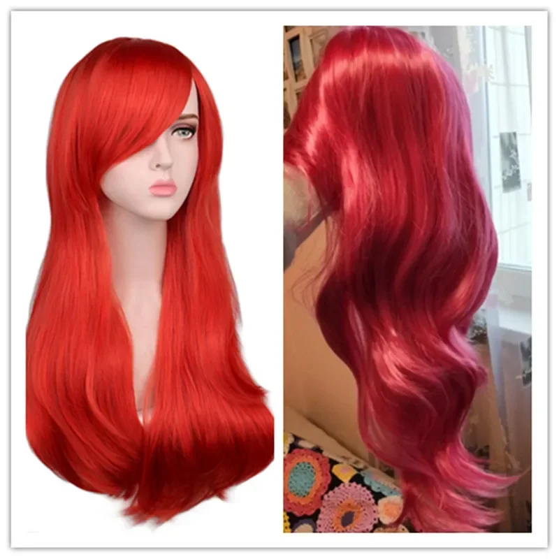 

QQXCAIW Women Long Wavy Cosplay Wig Red Rose Pink Black Blue Sliver Gray Brown Temperature Synthetic Hair Wigs Costume