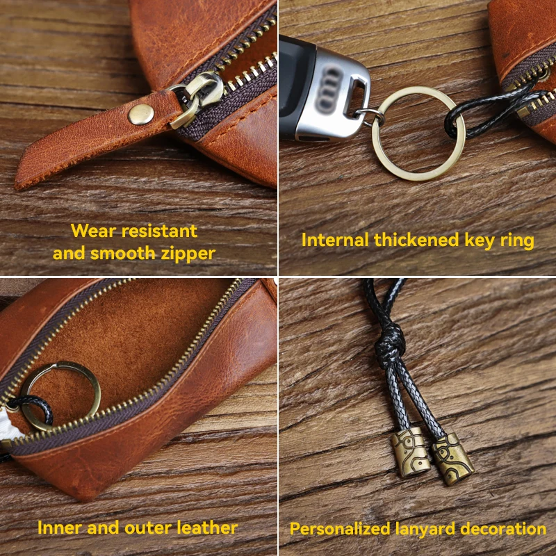 Genuine Leather Key Wallet Men Handmade Car Smart Key Holder Housekeeper Key Case Zipper Key Pocket Keychain Coin Purse Bag