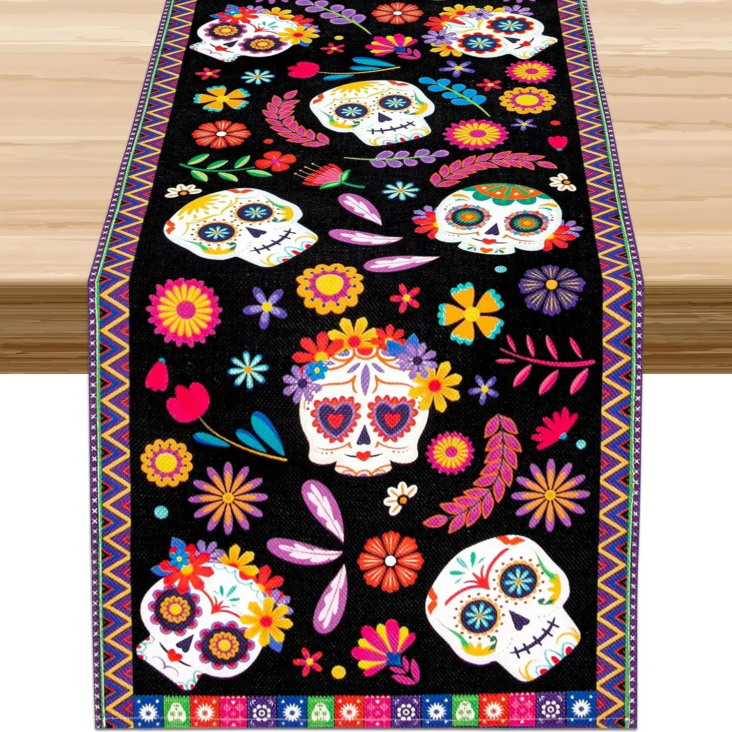 Mexican Day of The Dead Linen Table Runners Holiday Party Decor Reusable Dia De Los Muertos Dining Table Runners Halloween Decor