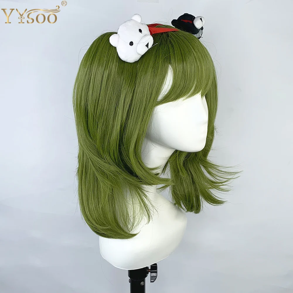 YYsoo The Girl's Cosplay Wig Long Straight Green Machine Made Wigs with Bangs Synthetic Costume Pontails Wig Halloween Used