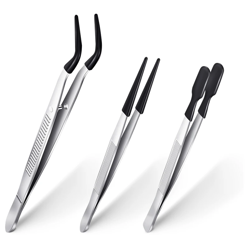 3 Pieces Tweezers With Rubber Tips Tweezers PVC Coated Tweezers Set, Rubber Straight And Flat Tip Tweezers CNIM Hot