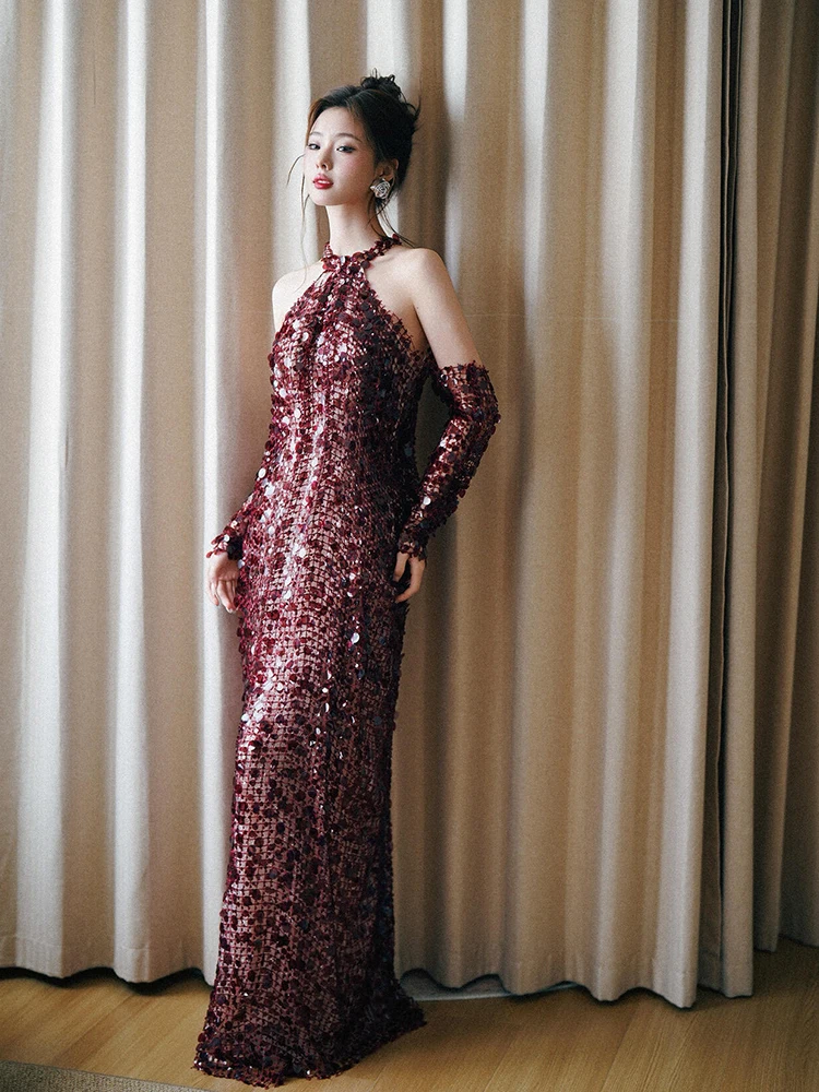 

Morning oot Ele Red Evening Gown Ne Hanging Sequin Wedding Dr Performance Outfit Faionable mid Waist Long Skirt