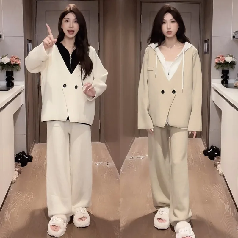 Korean Harajuku BF Style Fake Two-piece Knitted Set Women Outfit Autumn Winter Hooded Knitwear and Casual Wide Leg Pants Suits