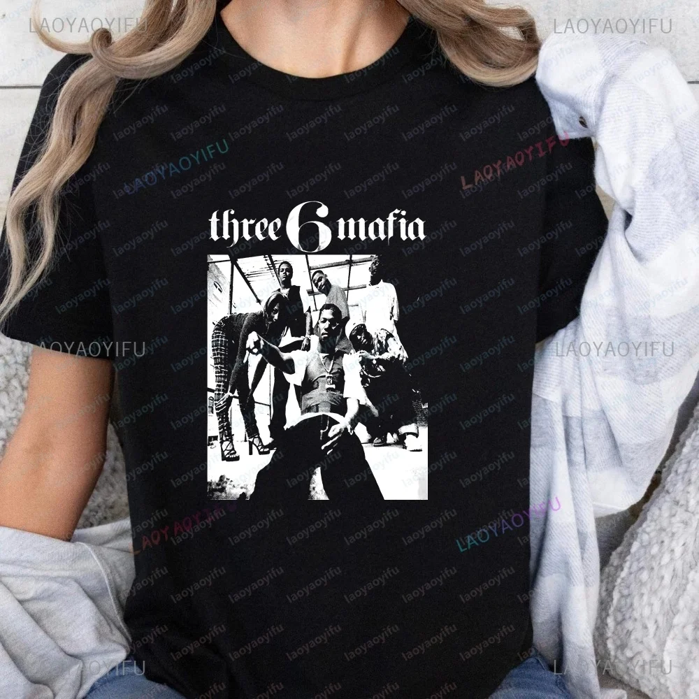 Retro Three 6 Mafia Rap Group Print T-shirt - Stylish and Trendy Y2k Short-sleeved Unisex Shirt with Universal Fit, Large Size