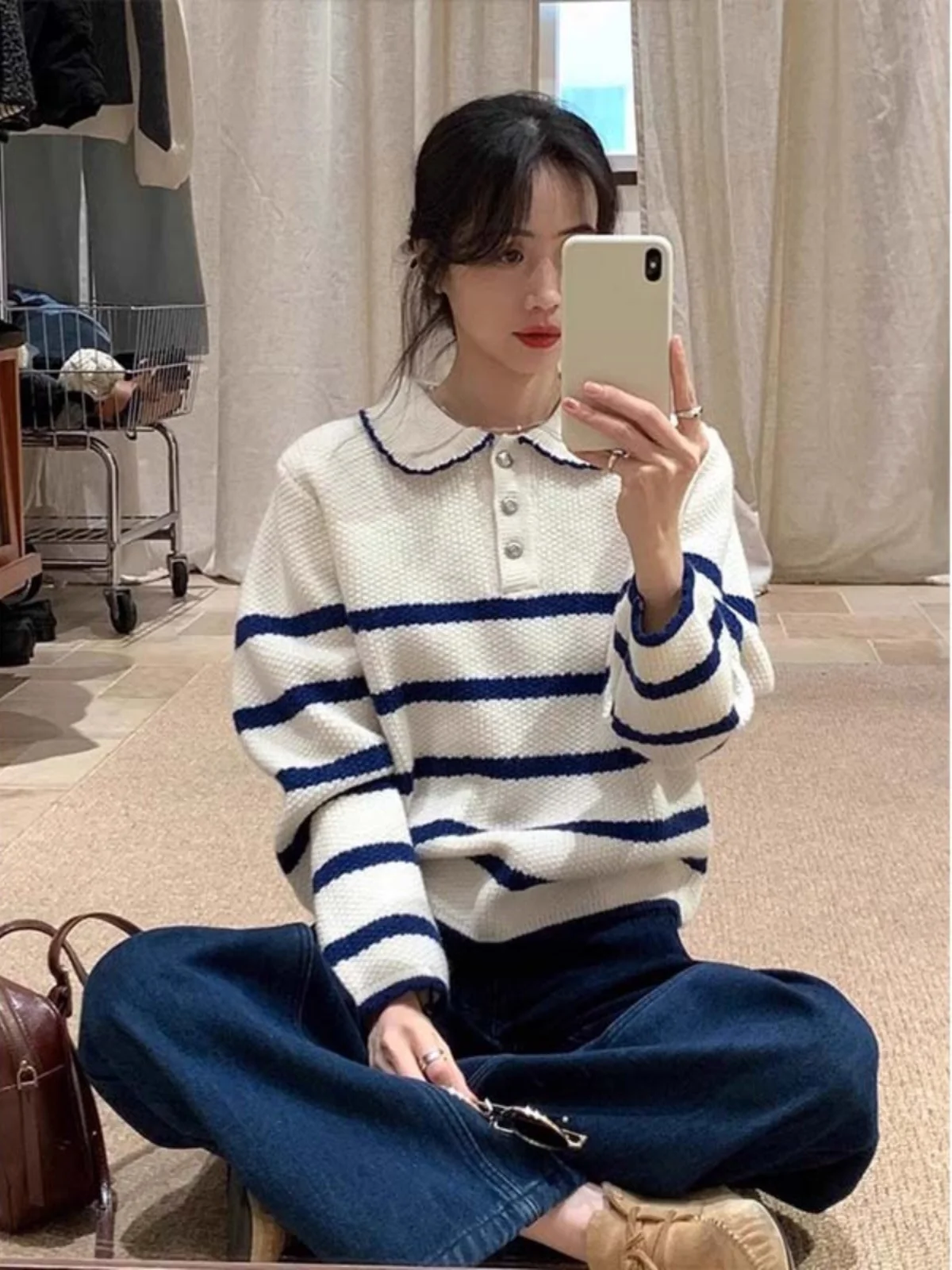 

Свободный корейский вязаный джемпер в полоску с воротником-стойкой для женщин, осенне-зимний, утягивающий, базовый слой, из полиэфирного волокна