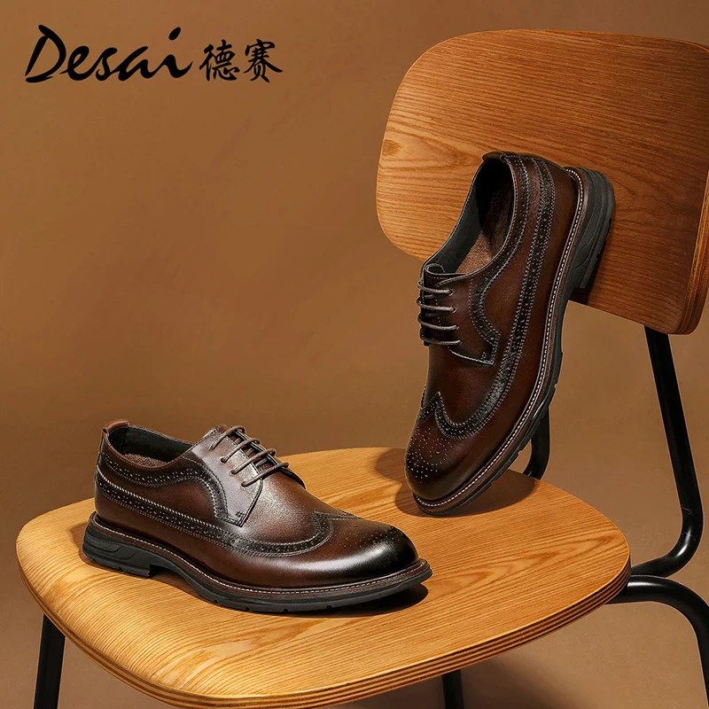 DESAI Men Shoes Genuine Leather Derby Design Shoes For Men Formal Work Dress Casual Bullock Brogue 2024 New Arrival High Quality