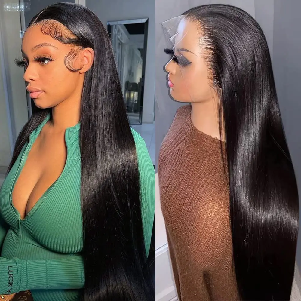 10a 13x4 rendas em linha reta perucas de cabelo humano pré arrancado nós descorados 200% densidade cabelo humano para preto