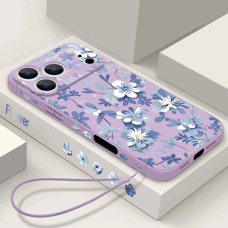 Phone Case For iPhone 17 Pro Max Blue and white Flower Pattern Lanyard Cover For Funda iPhone 16 Pro Max 15 14 13 12 11 16e Air