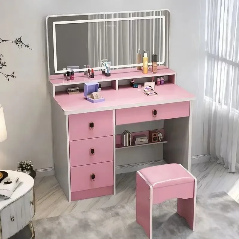 Modern Simple Integrated Makeup Table LED Light Push Pull Mirror Storage Cabinet Dresser for Bedroom Small Apartment