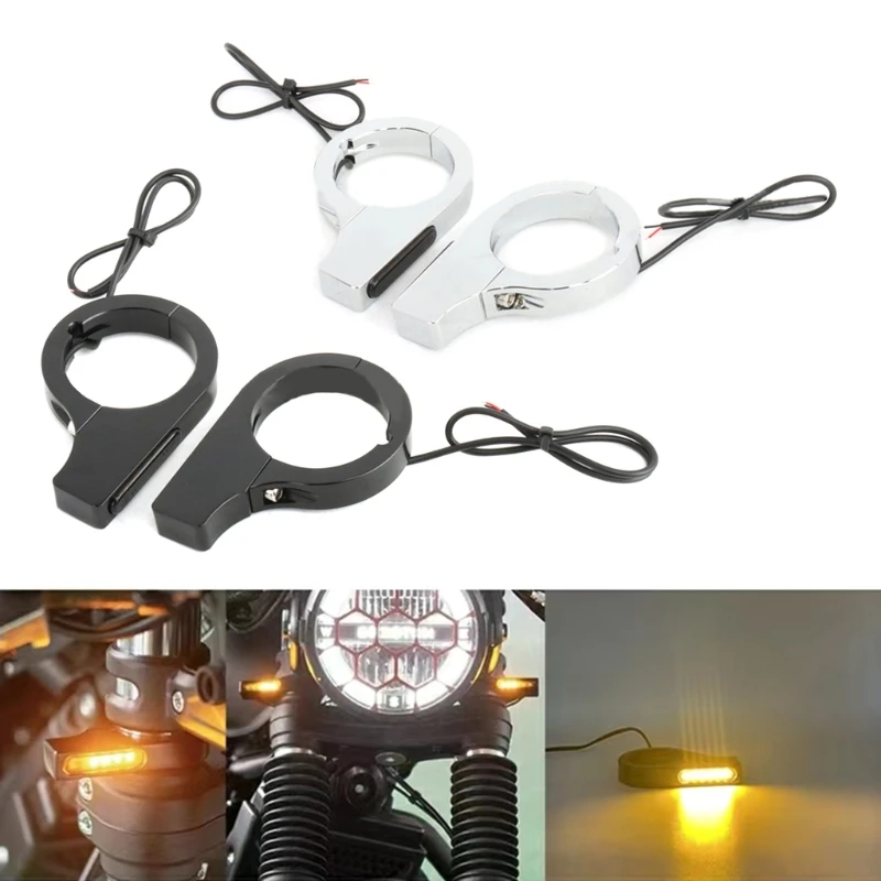 2x Motorbike Front LED Amber Turn Light 28mm-58mm Fork Tubes Lamp