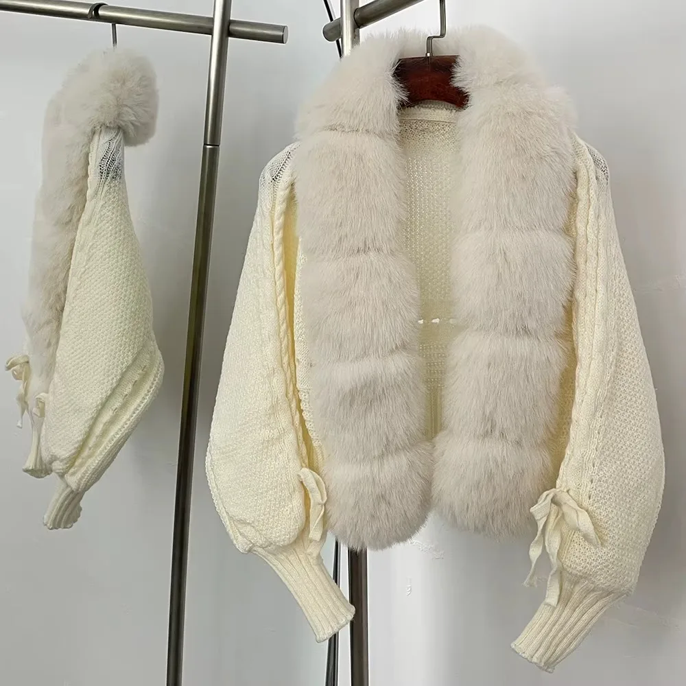 OFTBUY Sweter Mantel Bulu Palsu Wanita Kardigan Potong Besar Musim Semi Musim Gugur Jaket Bulu Palsu Wanita Pakaian Rajut Pendek Solid Rajutan