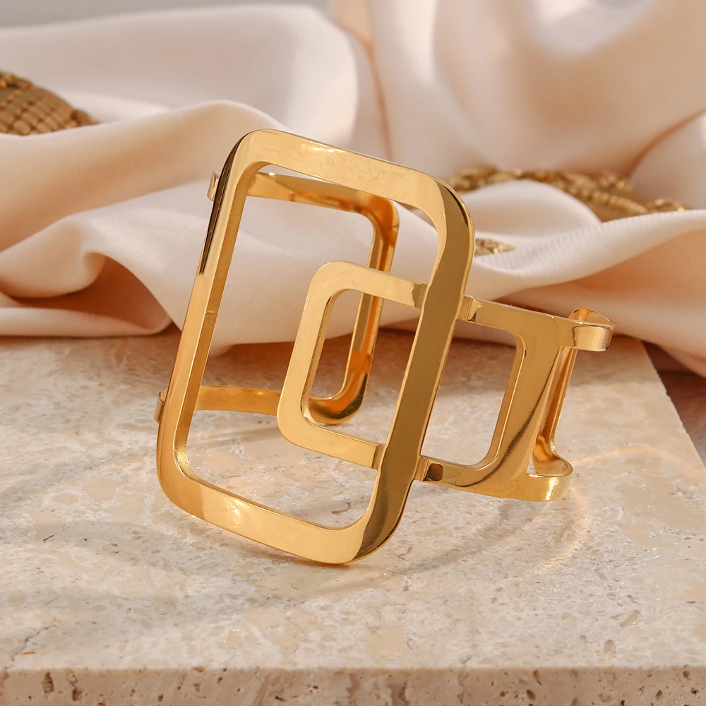 

E.B.belle Exaggerated Abstract Artist Hollow Stainless Steel Twist Geometric Square 18k Gold Plated Bangles Bracelets For Women